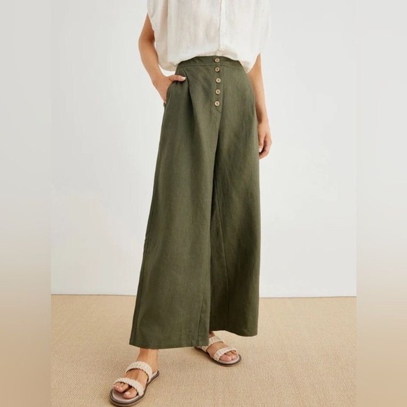 Grae Cove Pants - Grae Cove 100% Linen Thalia Button Fly Wide Leg‎ Palazzo Pants XL Green NWT